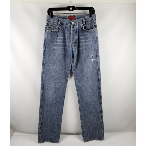 Hugo Boss Jeans Mens 30x33 Button Fly Mid Rise Med Blue Wash Distress Denim - Picture 1 of 11